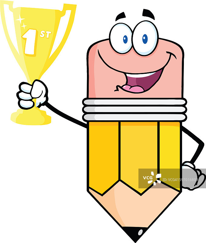 卡通铅笔角色手持金色奖杯图片素材