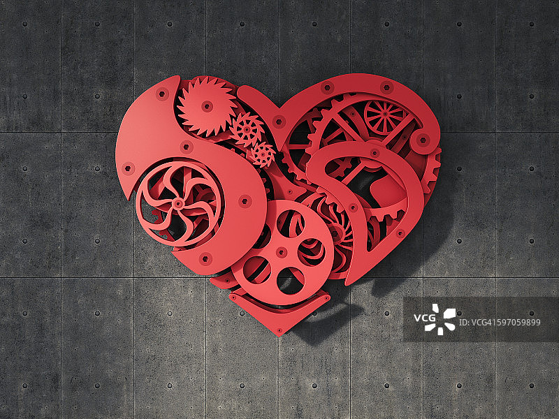 悬挂在水泥墙上的齿轮心图片素材