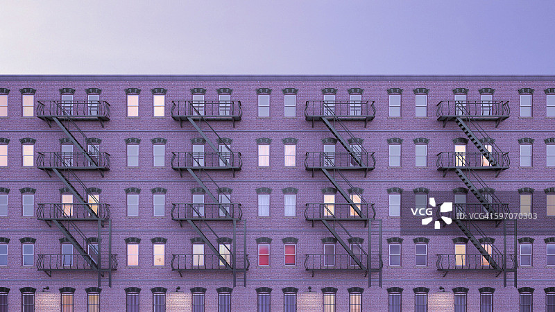蓝色时刻的多户住宅，带消防逃生楼梯，3D渲染图片素材