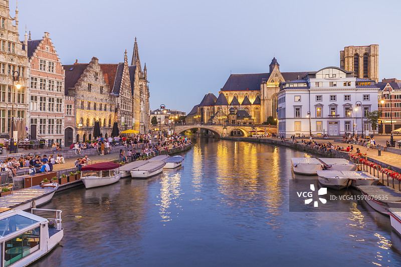 比利时根特老城区科伦莱和格拉斯莱河畔历史建筑群图片素材