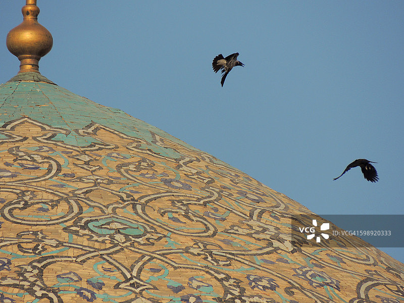 两只鸟飞过装饰精美的清真寺圆顶图片素材