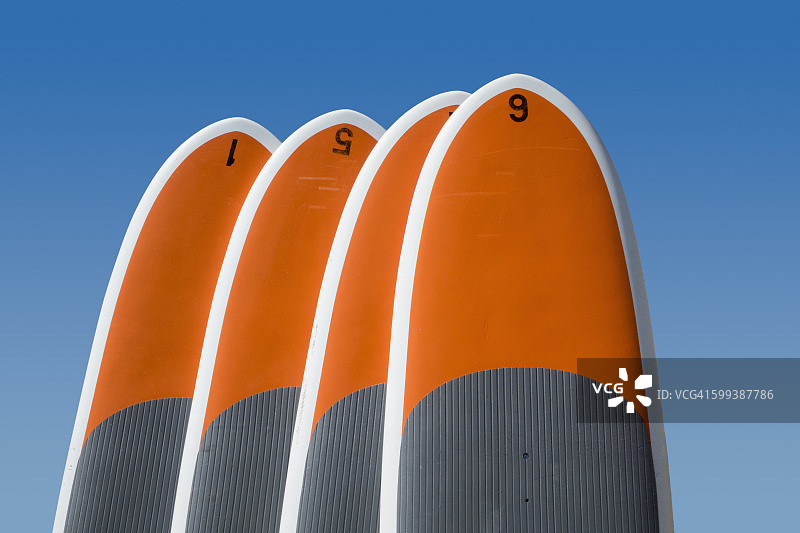 一排竖立的桨板和冲浪板，背景是深蓝色天空图片素材