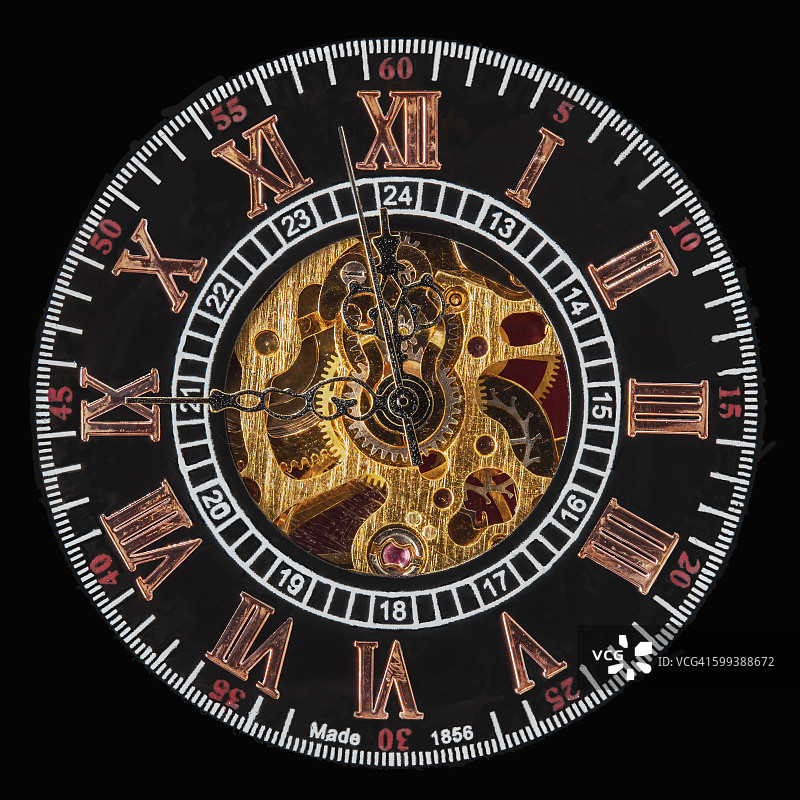 老式怀表面部的微距特写，带手动机械机芯图片素材