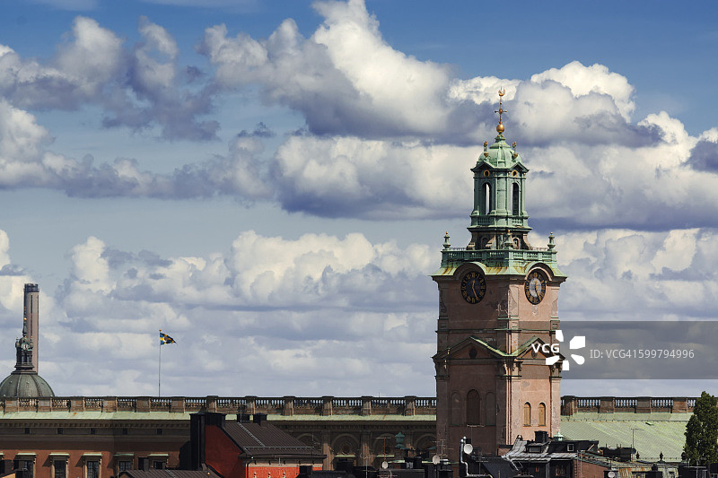 瑞典斯德哥尔摩圣尼古拉斯教堂塔楼特写图片素材