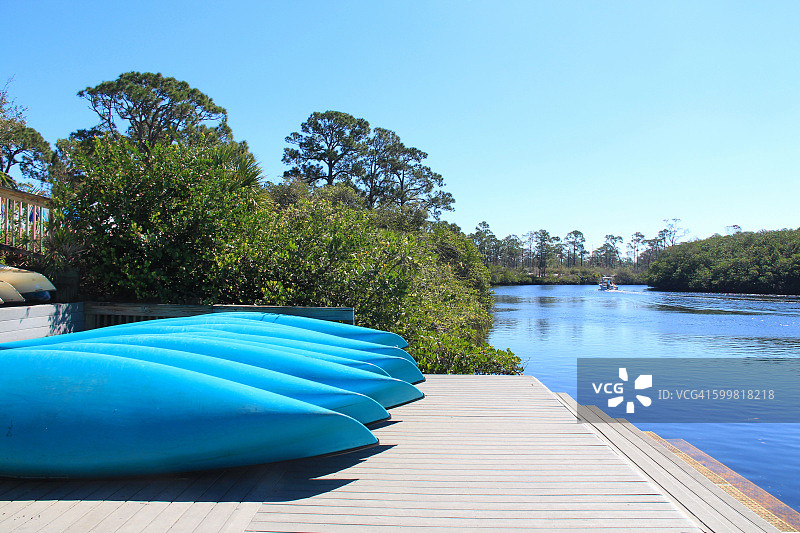 马丁县乔纳森·迪金森佛罗里达州立公园的洛克萨哈奇河和木制码头上成排的蓝色皮划艇图片素材