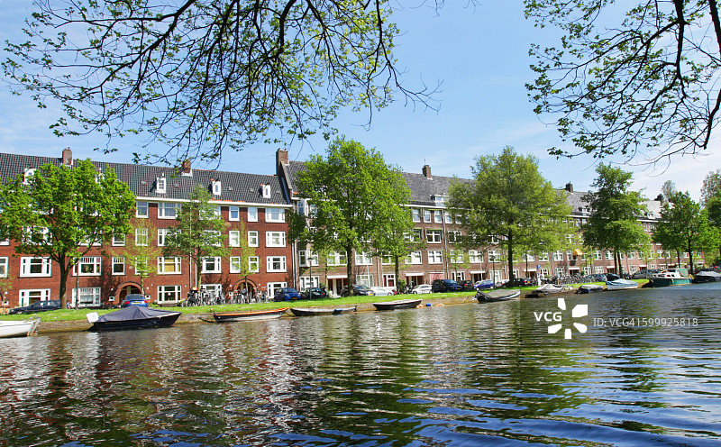 阿姆斯特丹运河上的荷兰式简易别墅图片素材