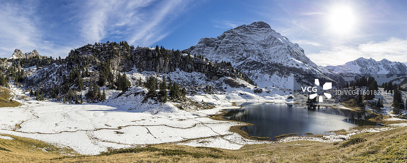 奥地利阿尔贝格科尔伯湖与萨洛伯科夫、萨洛伯萨特尔和莫嫩弗鲁山脉图片素材