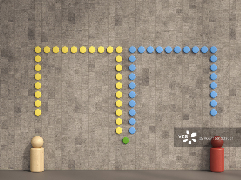 通过虚线连接的木制人偶3D渲染图片素材