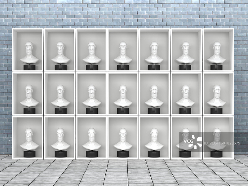 架子上相同的半身像，3D渲染图片素材