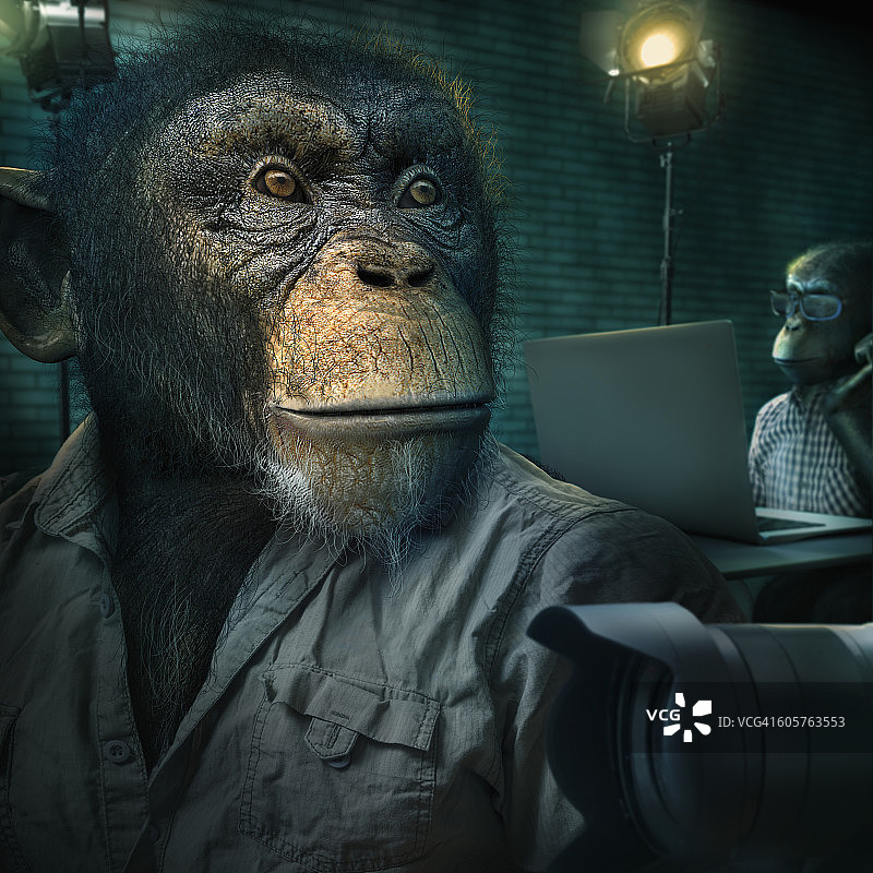 猴子坐在相机镜头附近图片素材