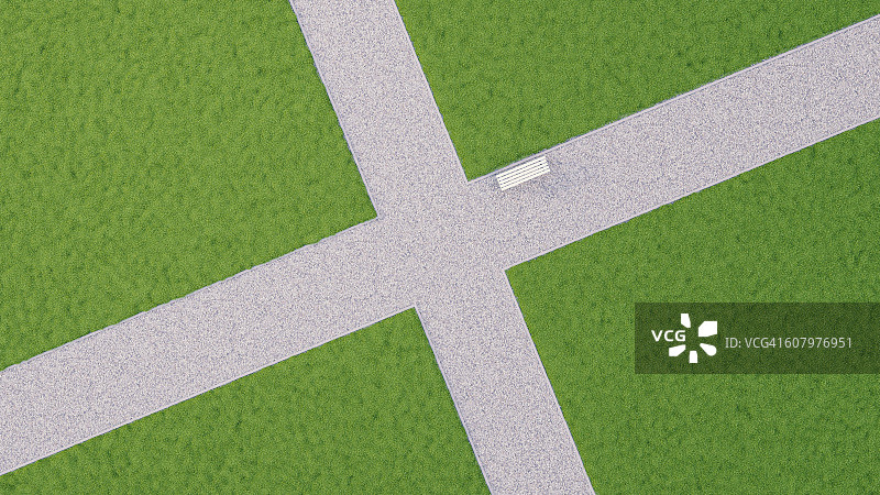 公园小路上的长椅，十字路口，3D渲染图片素材