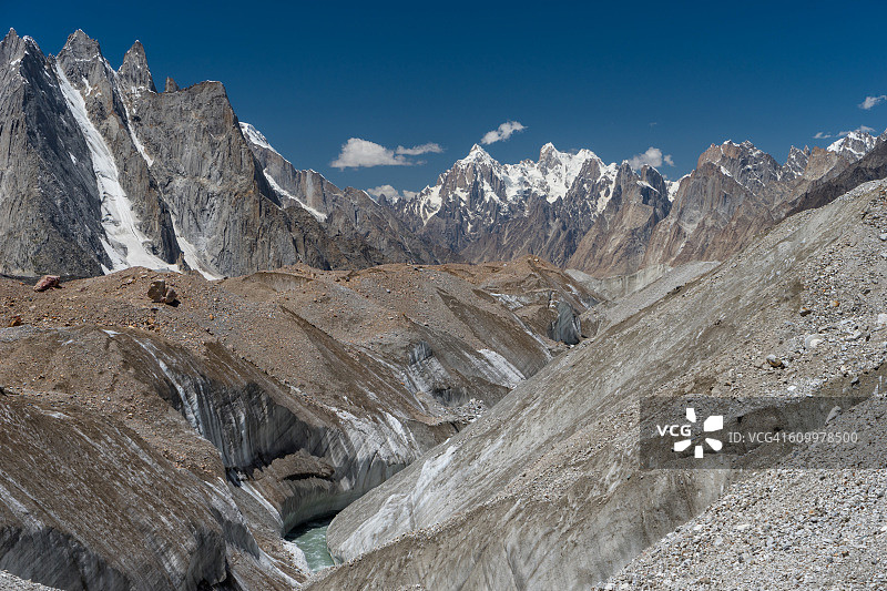 巴尔托洛冰川裂缝与派尤峰背景，K2徒步图片素材