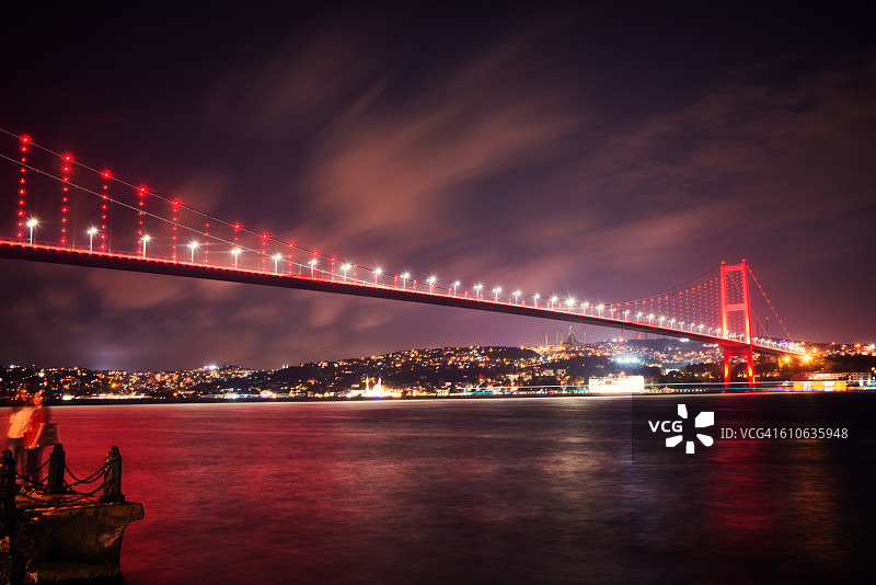 夜晚的土耳其伊斯坦布尔博斯普鲁斯海峡大桥景色图片素材