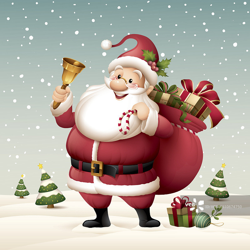 圣诞老人拿着铃铛和装满礼物的袋子图片素材