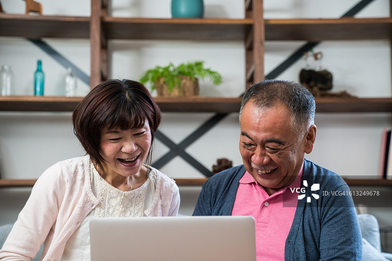 老年夫妇在客厅使用笔记本电脑图片素材