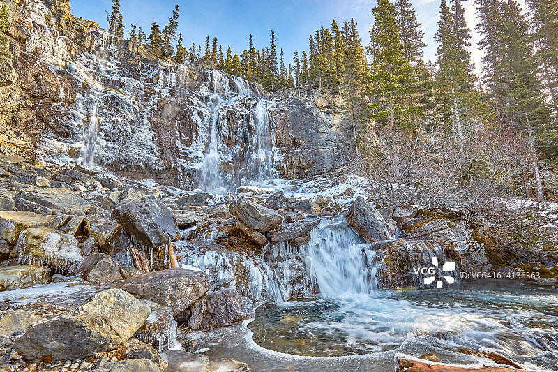 加拿大冰原大道上的缠结溪瀑布图片素材