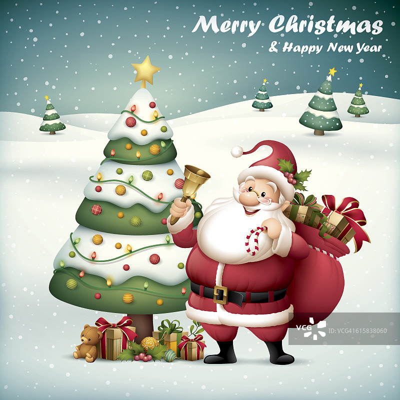 雪景背景下的圣诞老人与圣诞树图片素材