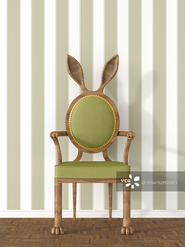 带兔耳的复古扶手椅，条纹壁纸前3D渲染图片素材