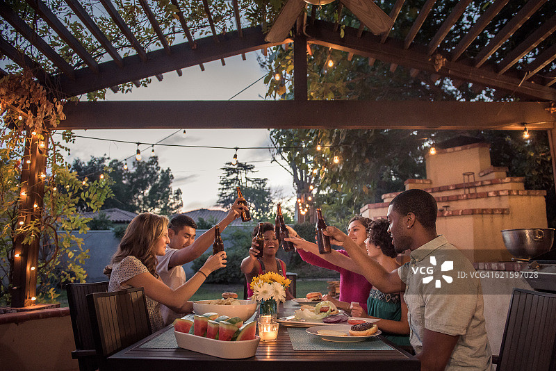 在夏日后院烧烤中碰杯的时尚人士图片素材