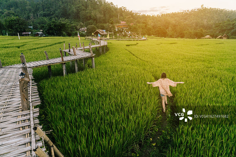 在稻田里跑步的女人图片素材