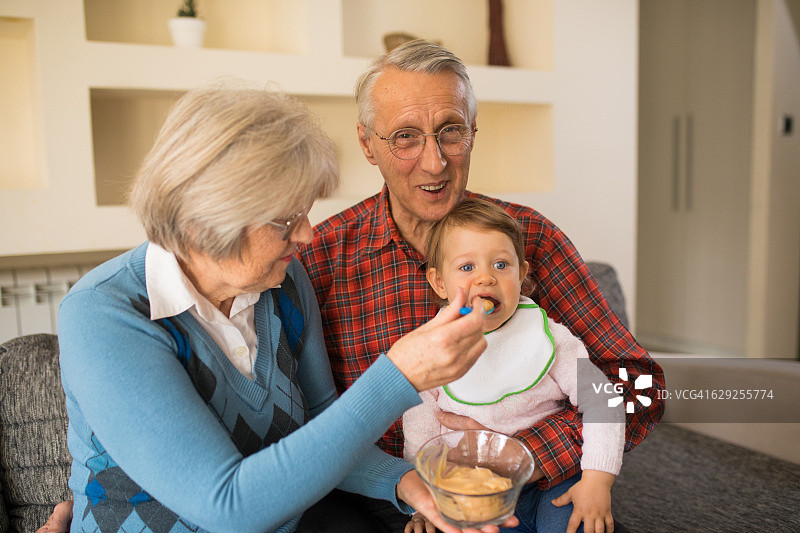祖父母喂他们可爱的孙女图片素材