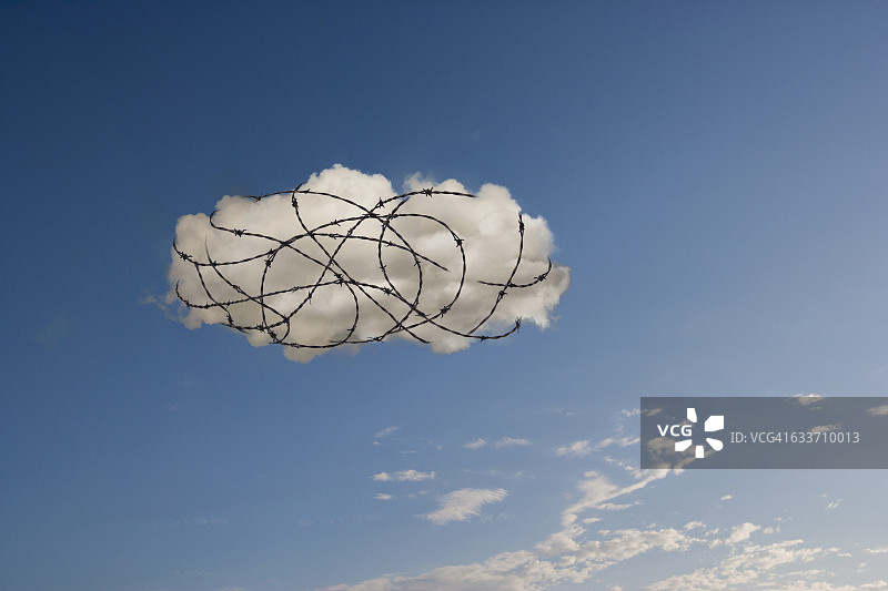 带刺铁丝网缠绕天空中的云朵图片素材