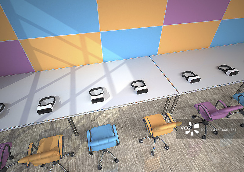 现代展示厅中的一排VR眼镜，3D渲染图片素材