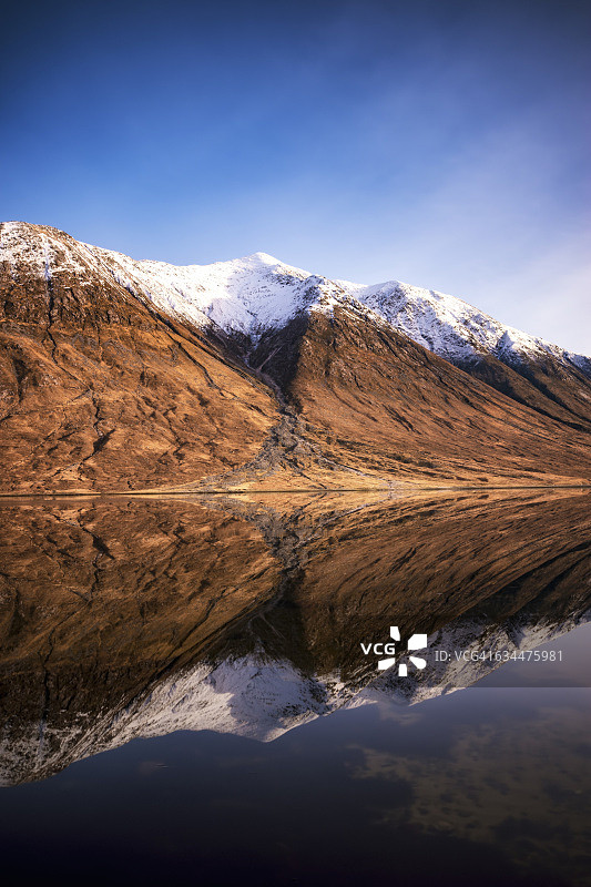 苏格兰高地艾提夫湖，背景是白雪皑皑的本·斯塔拉夫山图片素材