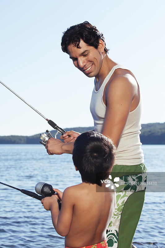 父子在湖边钓鱼图片素材