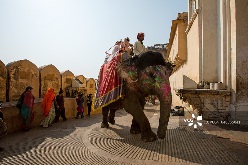 印度斋浦尔琥珀堡城墙上载着游客的大象图片素材