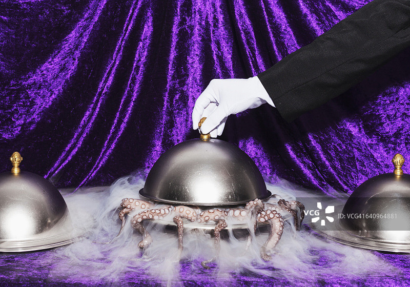 服务员抬起圆顶托盘的局部图像图片素材