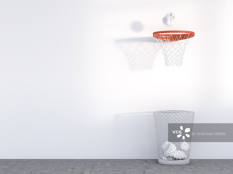 3D渲染：篮球架下的废纸篓，百发百中图片素材