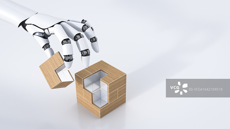 3D渲染：机器人手臂组装立方体，留白图片素材