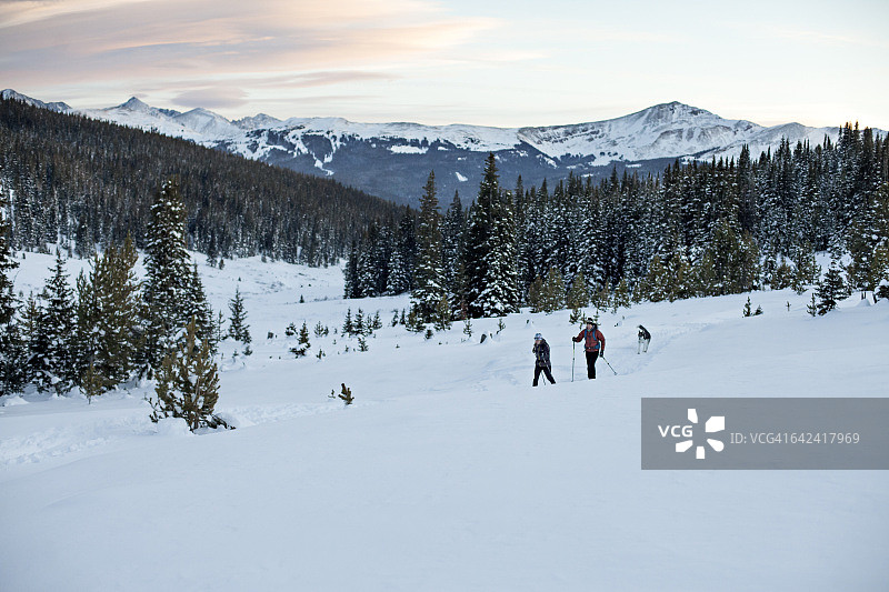 冬季探险中的男人、女人和狗图片素材