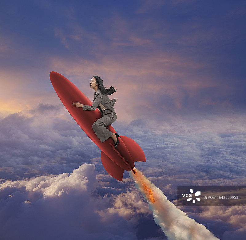 乘坐火箭飞天的太平洋岛国女商人图片素材