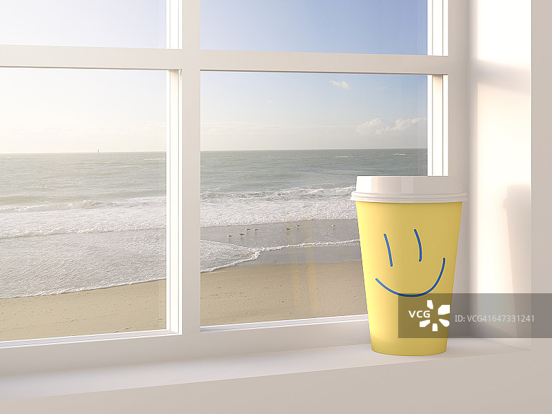 外带咖啡杯在窗台上，背景是海滩，3D渲染图片素材
