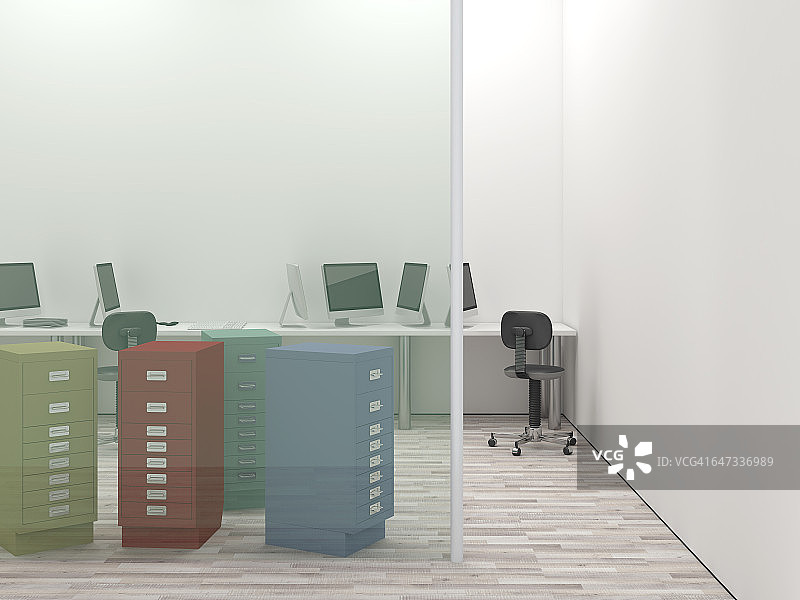 储藏室内的抽屉柜、电脑和办公椅3D渲染图片素材