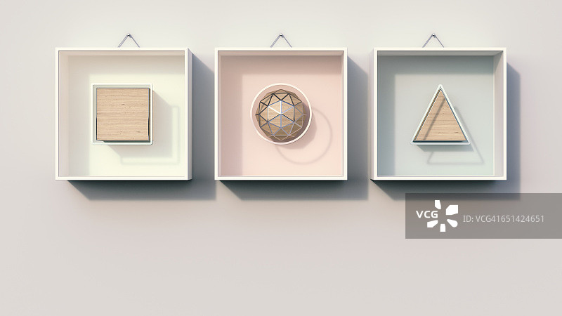 挂在墙上的几何形状，3D渲染图片素材