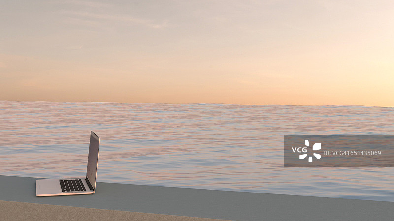 日落时泳池边的笔记本电脑3D渲染图片素材