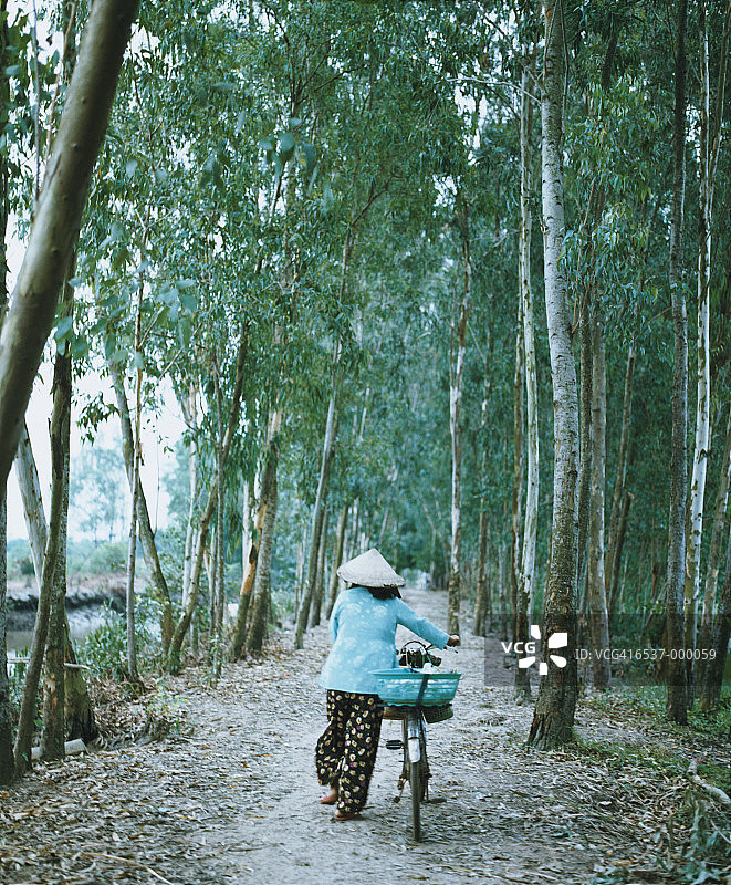 亚洲女人推着自行车图片素材