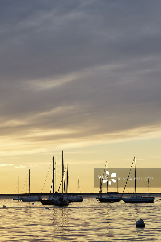 美国马萨诸塞州波士顿，黎明时波士顿港的港口船只图片素材