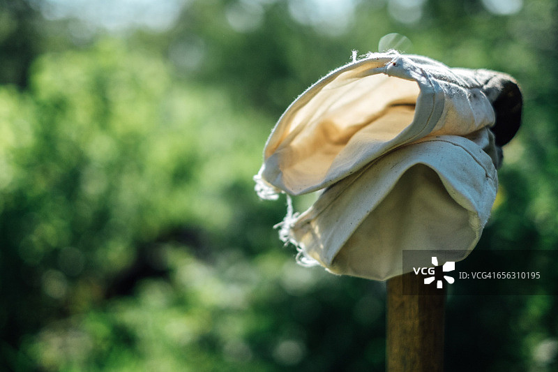 木桩上的园艺手套特写图片素材