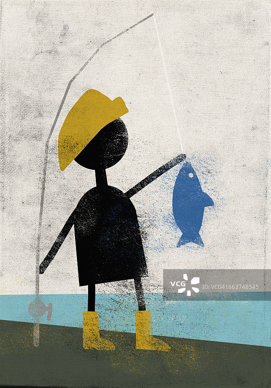 在河岸边对着天空钓鱼的男孩全身照图片素材