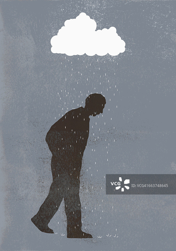 灰暗背景下悲伤男人身上的降雨图片素材