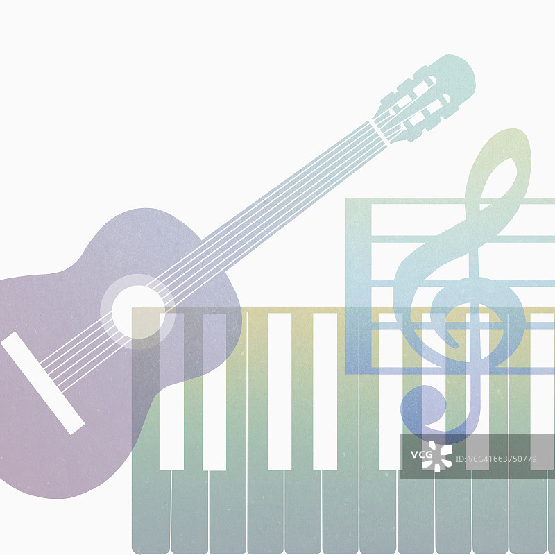 彩色吉他、钢琴键与高音谱号的数字合成图像图片素材
