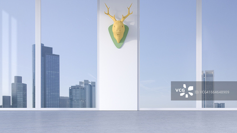 办公室混凝土墙上的鹿角3D渲染效果图图片素材