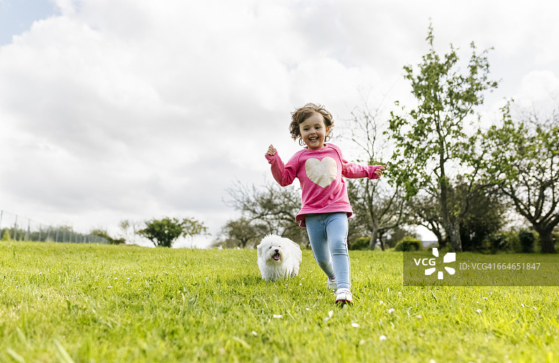 微笑的小女孩和她的狗在草地上奔跑图片素材
