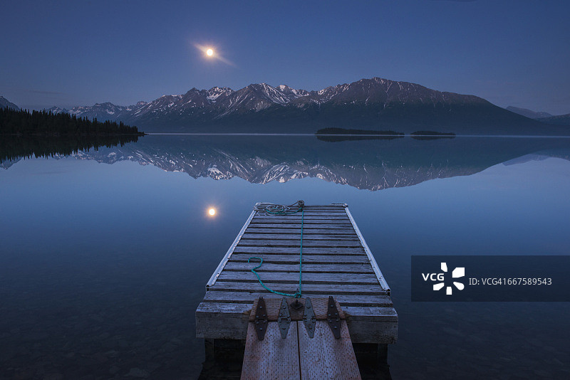 克拉克湖国家公园奇格米特山脉上满月升起的船坞图片素材