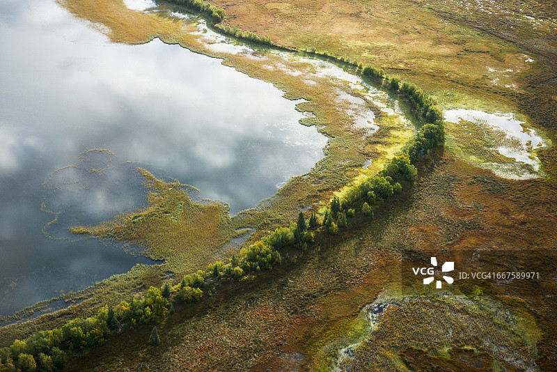 阿拉斯加西南部布里斯托尔湾地区，奎恰克河水系中分隔湖泊和湿地的树墙航拍图片素材