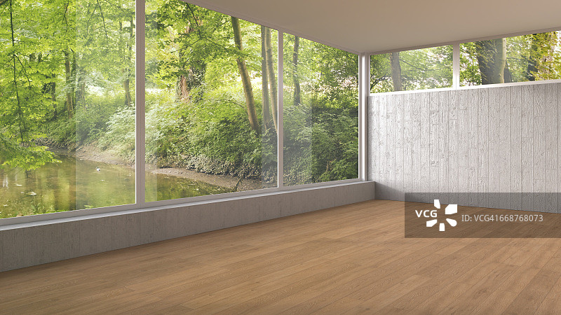 空房间，有全景窗和木地板，3D渲染图片素材